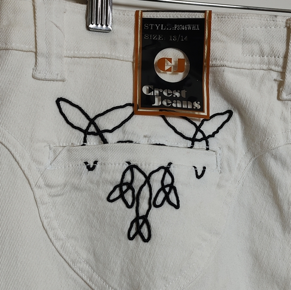 Crest Women's White Jeans with Black Embroidery Western Style - Picture 10 of 13